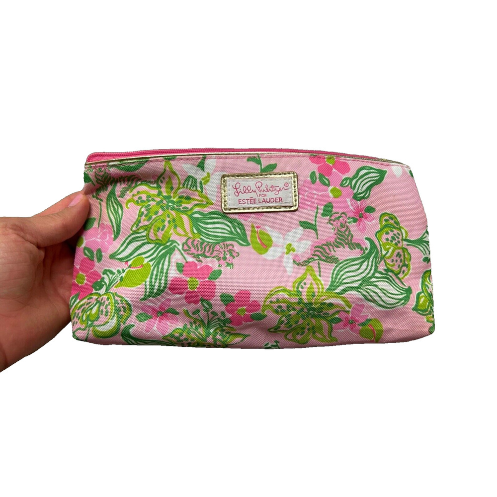 NWOT Lilly Pulitzer X Estee Lauder Pink Jungle Cat Print Canvas Makeup Bag